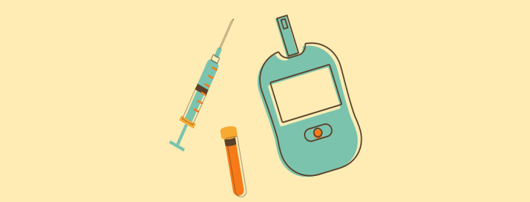 Glucose meter, syringe, and vial on a yellow background