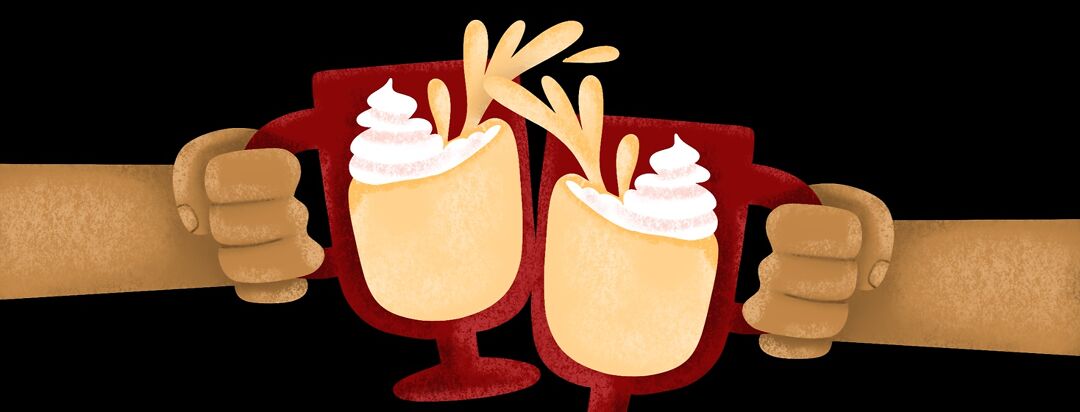 Two people clinking mugs filled with eggnog together