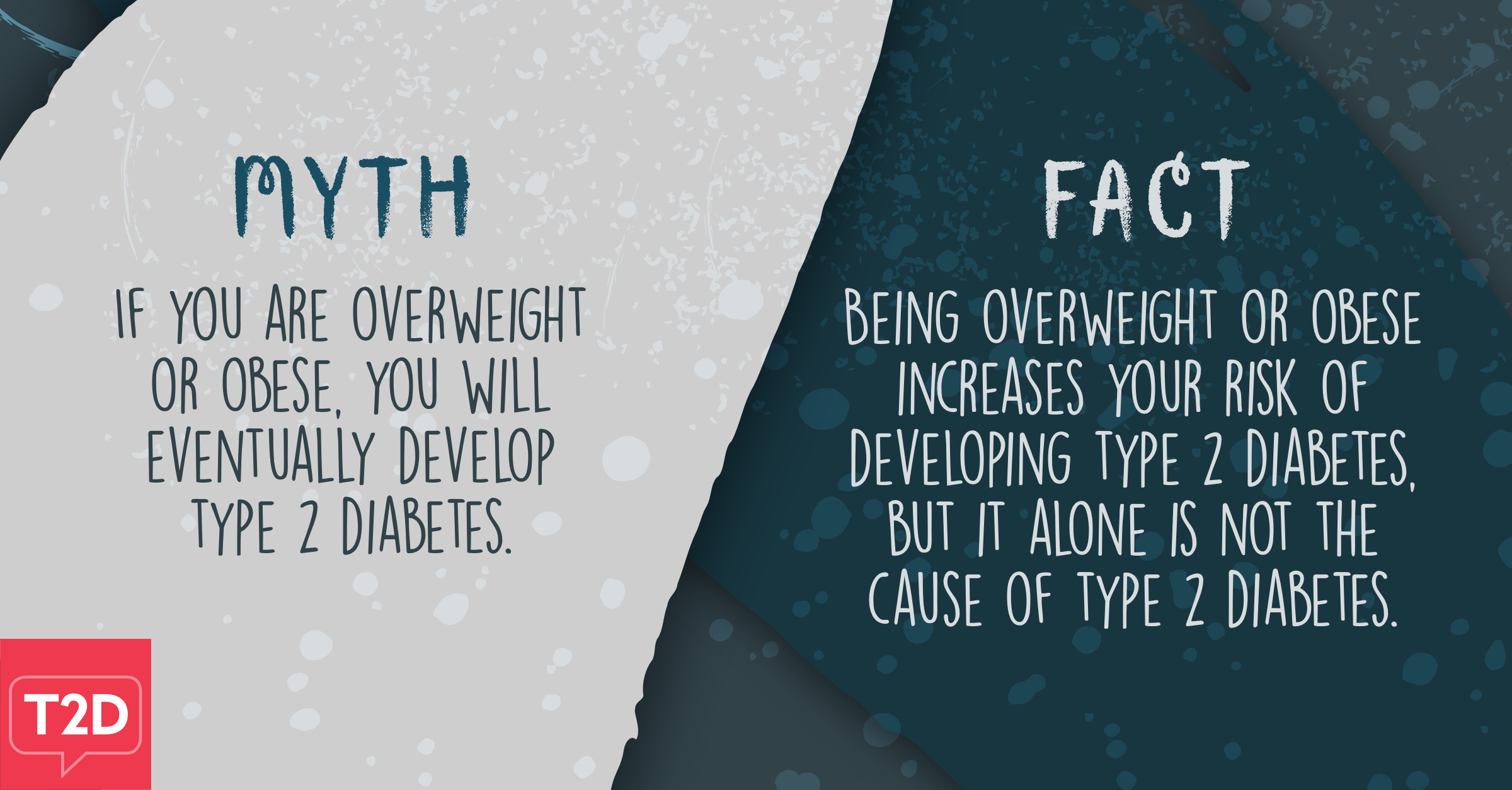 Myth: If you are overweight or obese, you will eventually develop type 2 diabetes. Fact: Being overweight or obese increases your risk of developing type 2 diabetes, but it alone is not the cause of type 2 diabetes. 