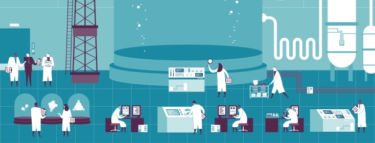 A group of scientists working in a lab using lab equipment, such as microscopes and studying charts and graphs on monitors