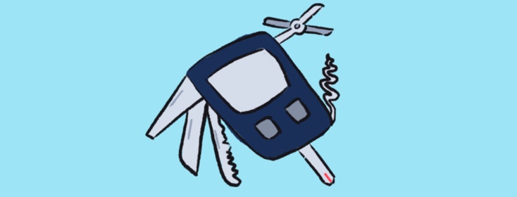 A blood glucose meter that also has the attachments of a Swiss army knife