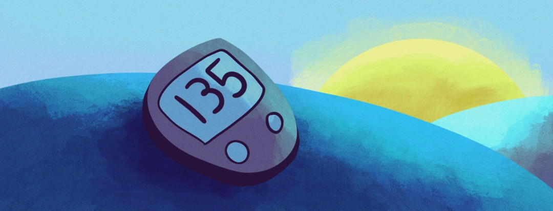 sun rising over blood glucose meter with a reading of 135