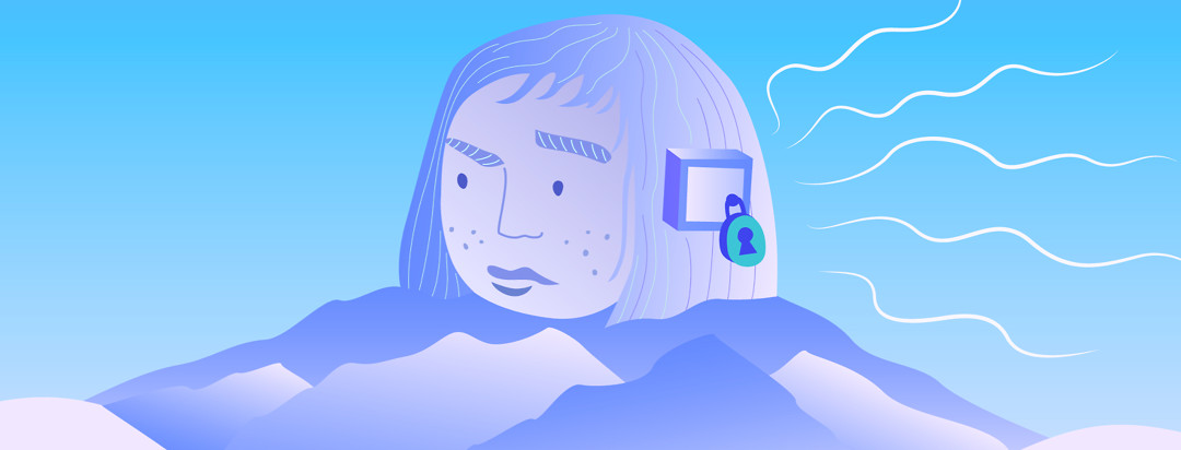 Woman's head on a stack of mountains has a locked box over her ear, impenetrable to sound waves.