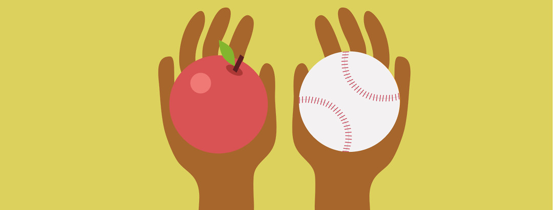 Two hands comparing a baseball and an apple
