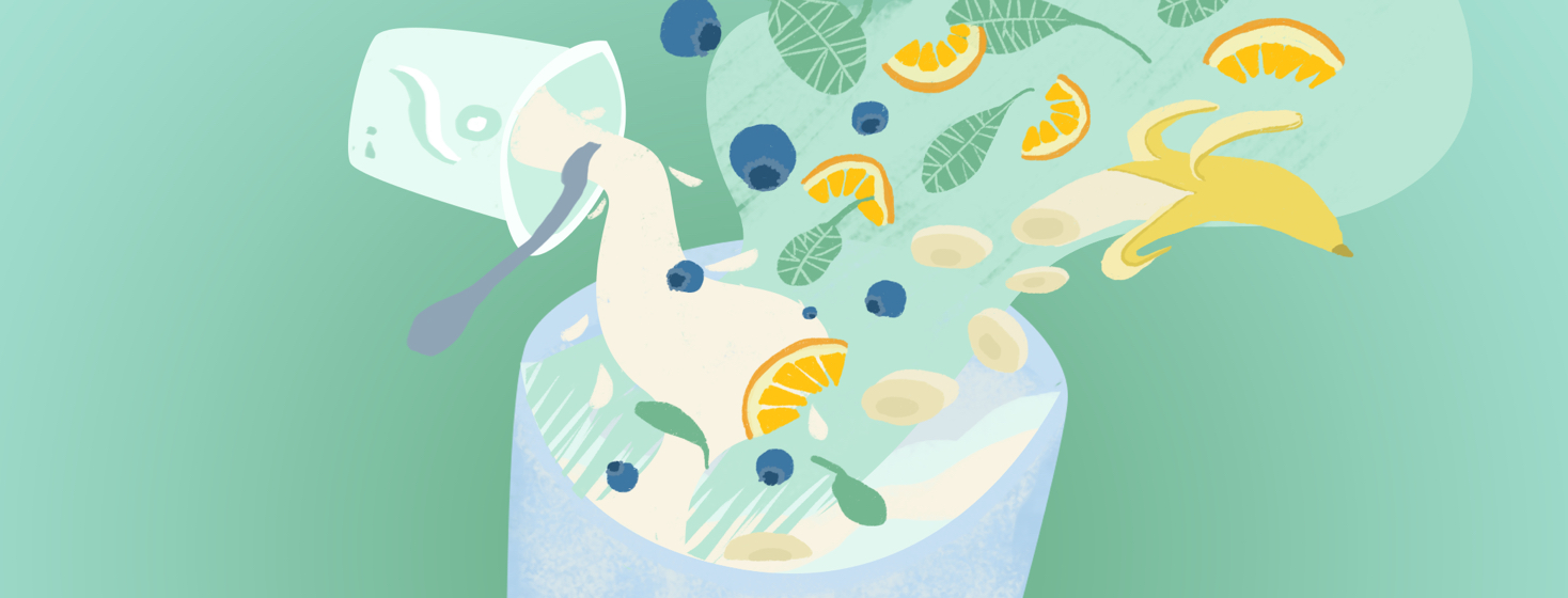 A smoothie with yogurt, blueberries, orange slices, banana slices, and spinach leaves.