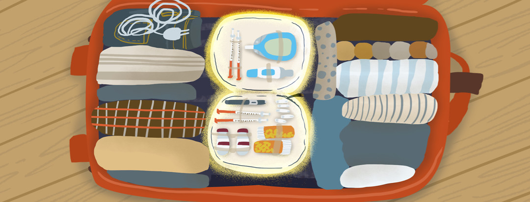 An open suitcase packed with rolled up clothes and a charger features an open diabetes medication pouch with extra pill bottles, a glucose monitor, and needles.