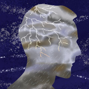 Stars in the night sky swirl behind the profile of a man whose face billows with storm clouds; a flash of lightning emanates from the back of his head, with rain pouring from his cheek to his neck.