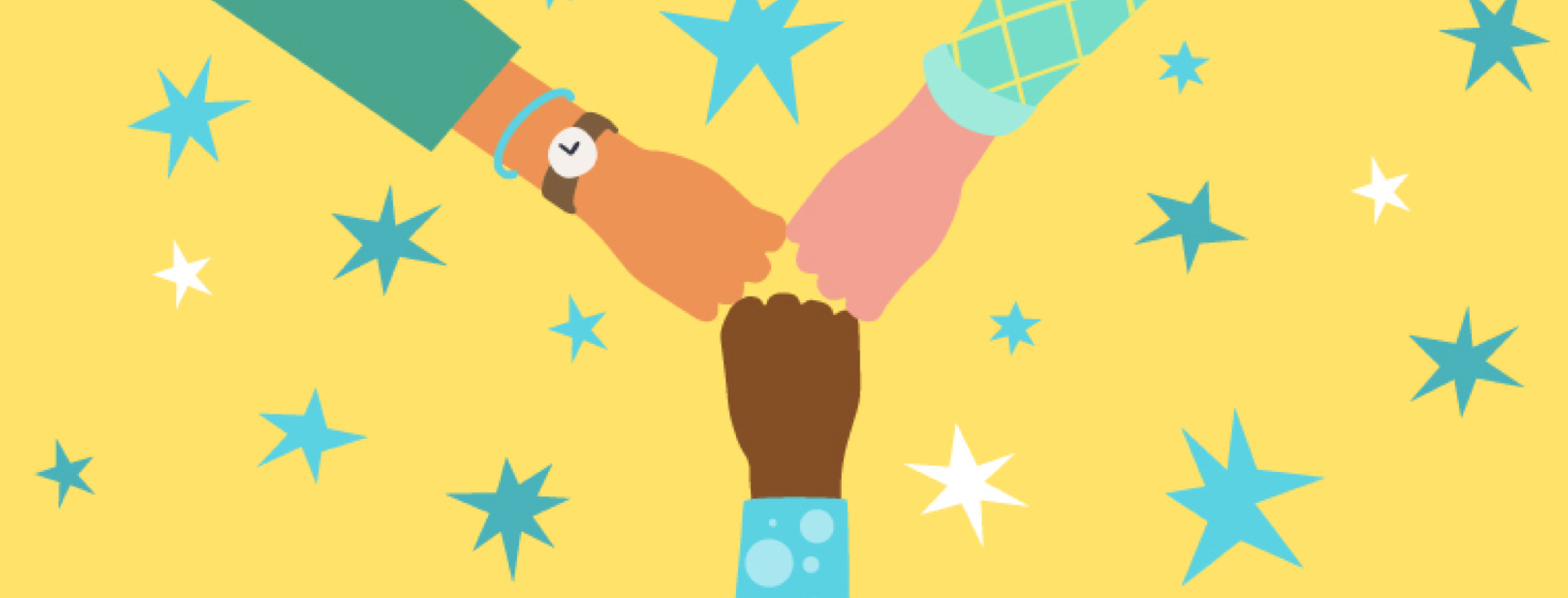 A group of three arms fist bump each other with stars in the background.