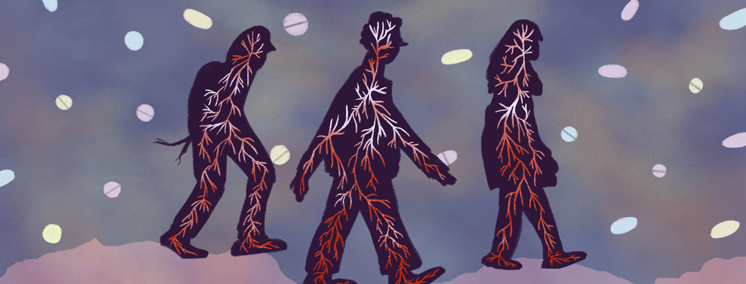 Three silhouettes of people walk through a snow storm of pills; their red veins are visible with spots of red.