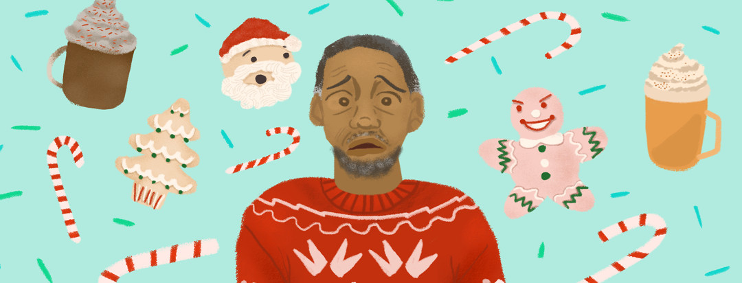 A person in a holiday sweater has an anxious face as cookies, treats, and lattes float around him.