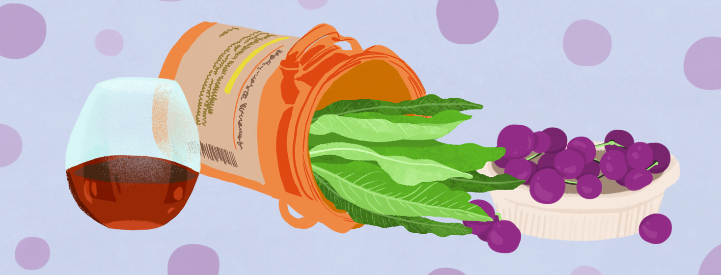 A glass of wine, dandelion greens falling out of a pill bottle, and grapes sitting in a pill bottle cap are shown with polka dots behind.