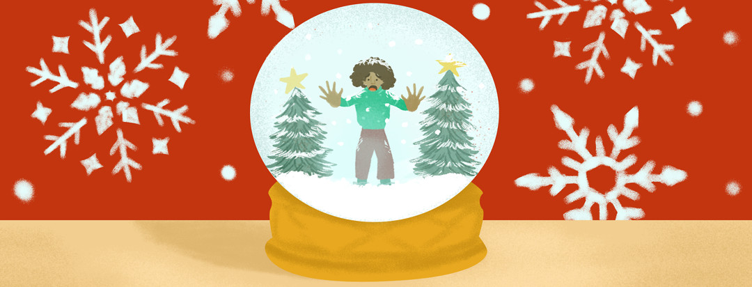 A person presses their hands to the glass of a wintery snow globe, trapped inside. Pressed snowflakes design the wall behind them.