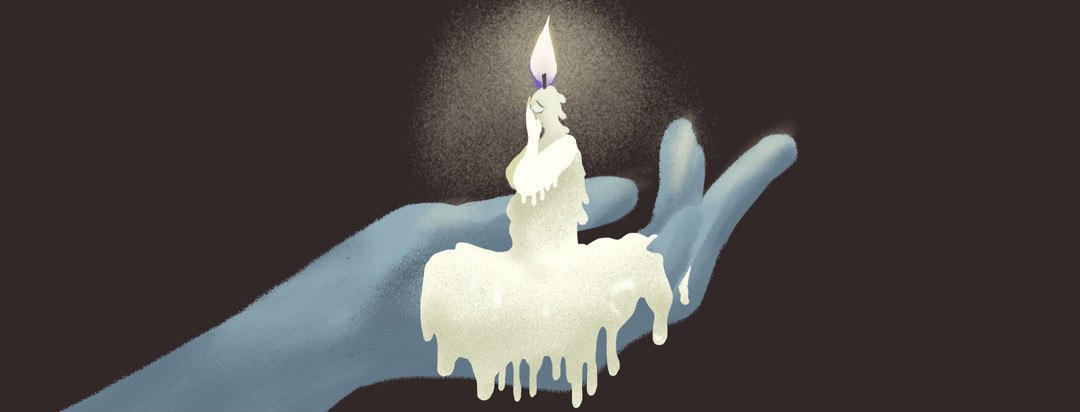Personified candle burns as its wax drips down a hand holding it up.