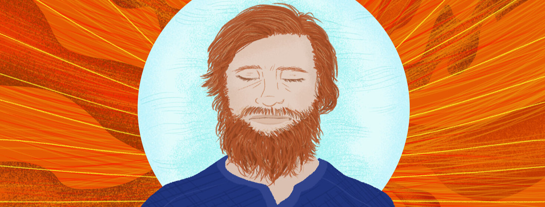 Bearded man closes eyes in a meditation bubble while red swirls of stress surround him.