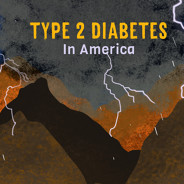 Mountains, clouds, and bolts of lightning with the words 'Type 2 Diabetes in America' in the sky.