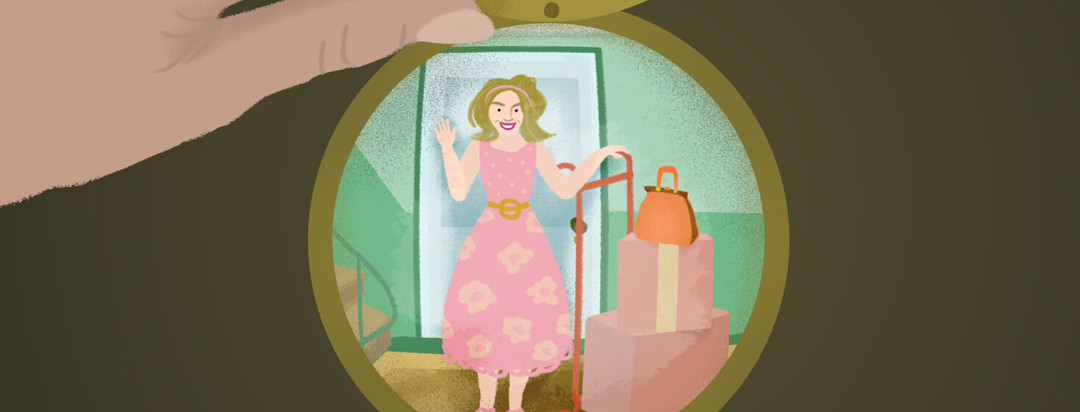 A woman with moving boxes and a purse on the other end of a door peephole.