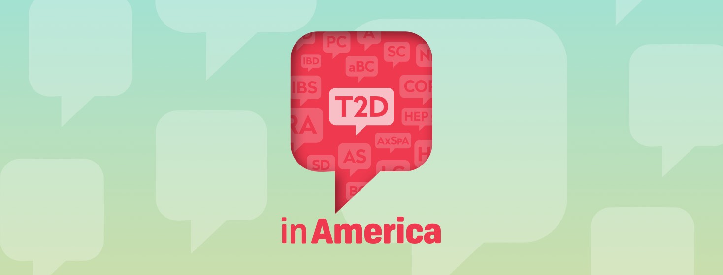A speech bubble highlighting the T2D logo above the words In America, surrounded by a fainter word cloud of logos for other Health Union websites.