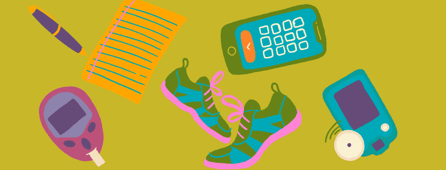 Illustrations of sneakers, pen and paper, glucose monitor, cellphone, and wearable monitor.