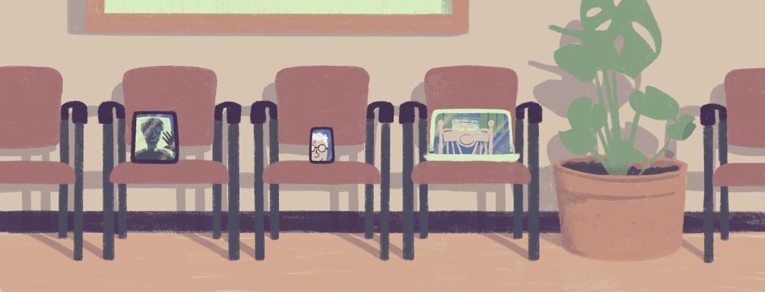 A doctor's waiting room with a row of chairs and plant. Instead of people sitting in the chairs there are devices with video's of patients on them.