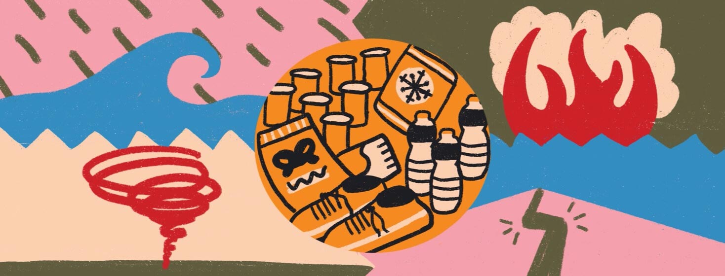 Grid with four natural disasters in the background. Circle containing supplies in the center.