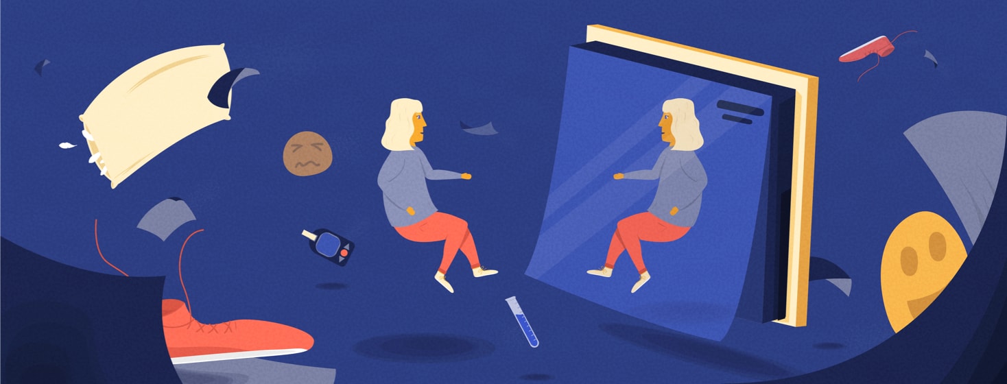 A woman looking at her reflection in a calendar mirror with things floating around her