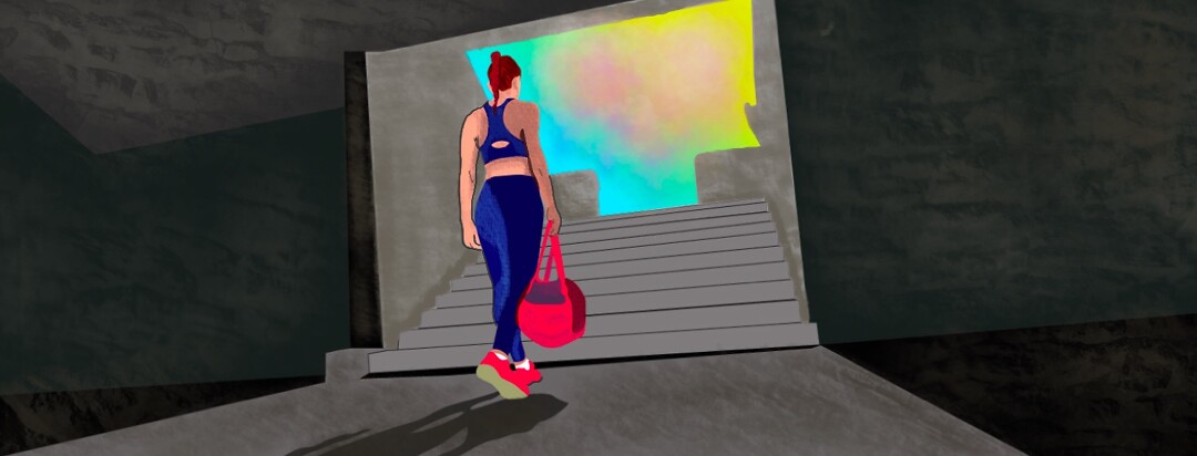 A woman carrying a gym bag walks toward a flight of stairs with a sunset in the distance