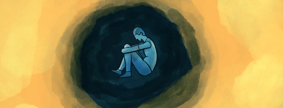 A man curled up in a dark cloudy circle