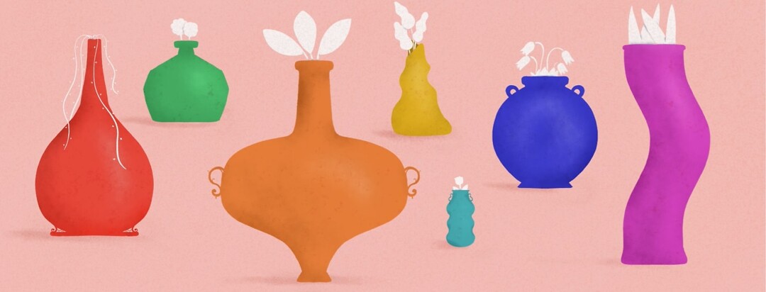 Vases of different shapes and sizes holding flowers