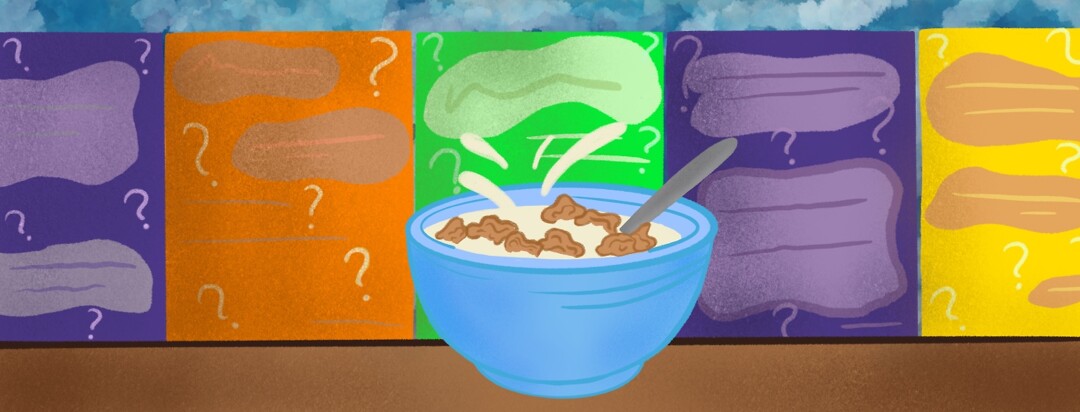 A Bowl of cereal with milk splashes sitting in front of mysterious cereal boxes