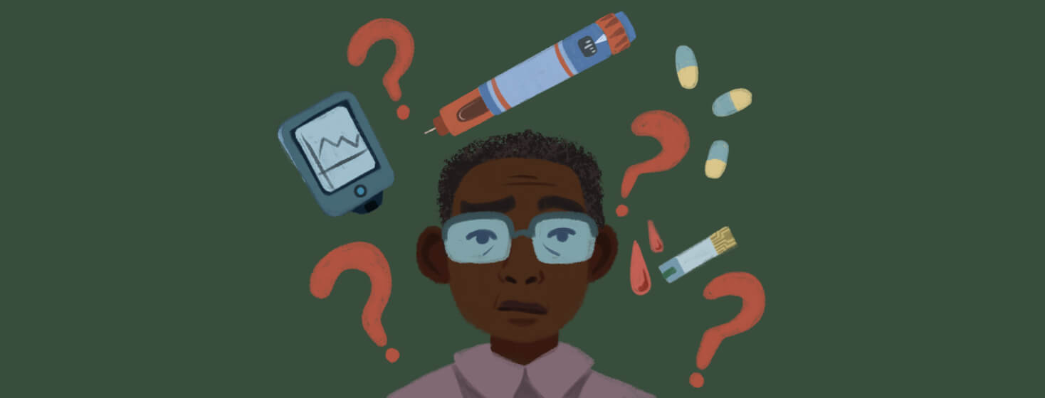 Adult male looking confused at question marks, glucose meter, insulin pen, pills, and a test strip floating above him. Misconceptions, Diabetes progression, POC, BIPOC, Black