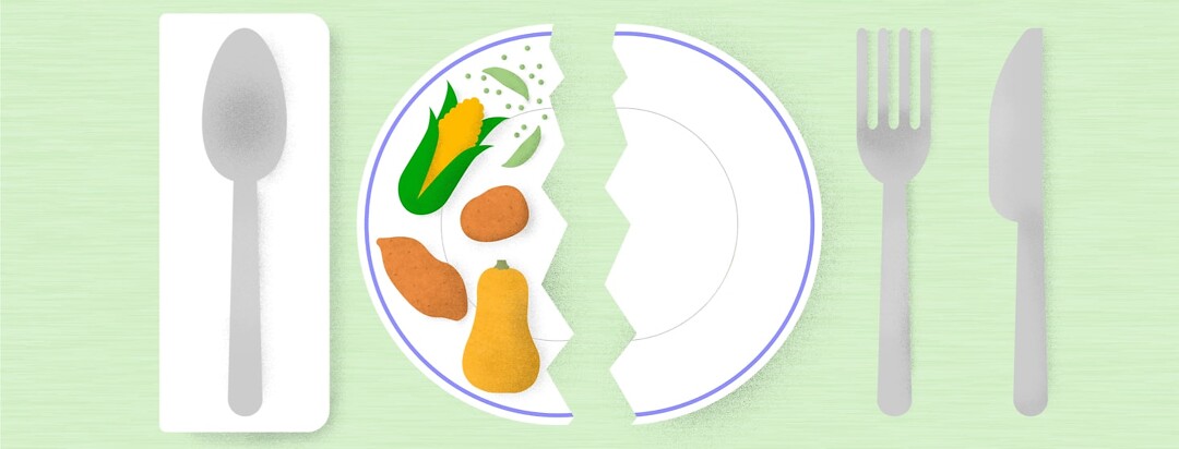 a plate broken in half with starchy vegetables on one side