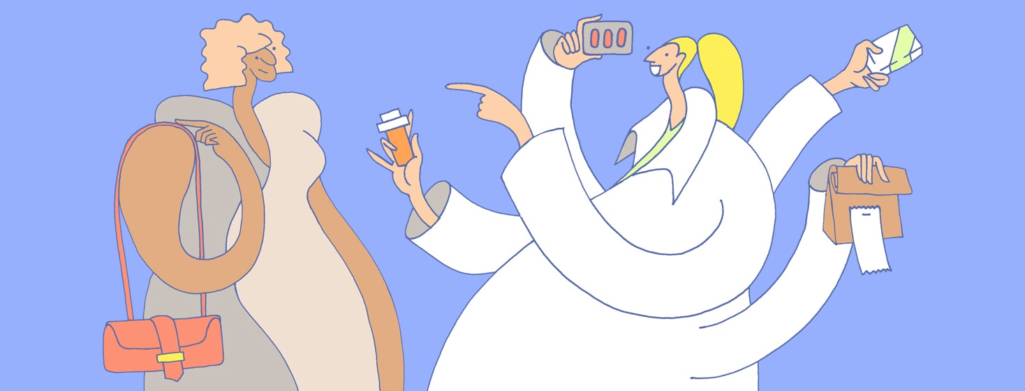 a pharmacist with many arms doing many things talking to a woman