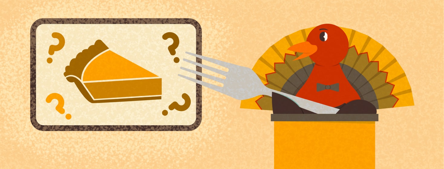a turkey pointing to a pie on a screen surrounded by question marks