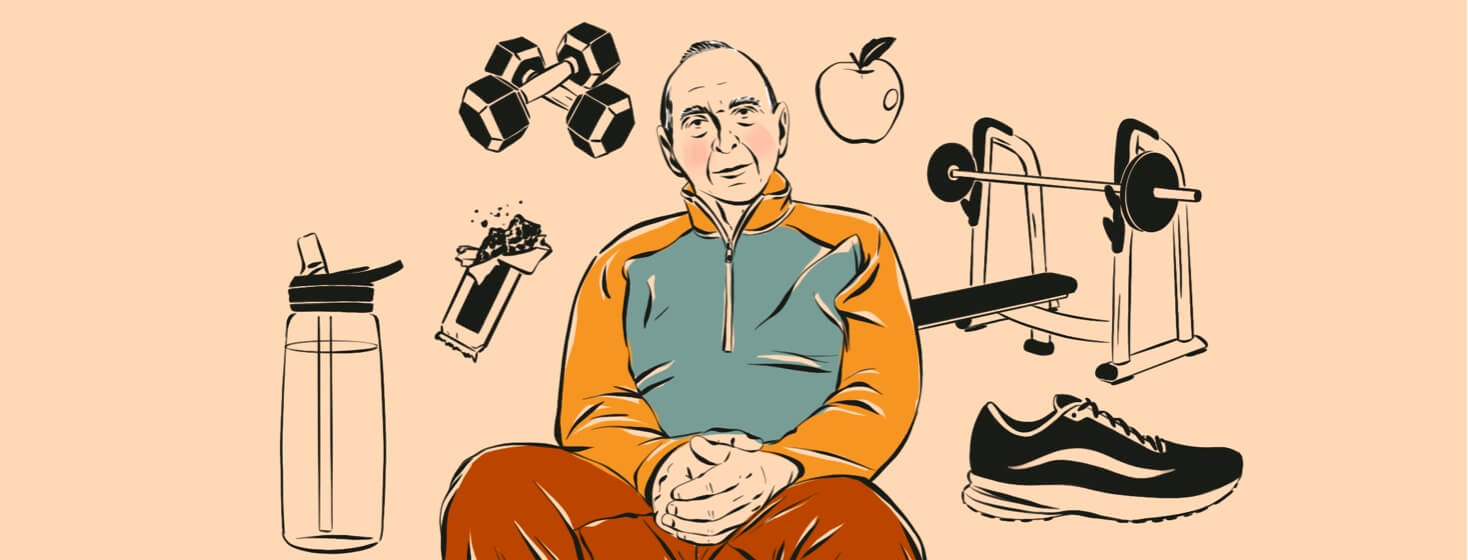 An older man is surrounded by workout equipment and healthy foods