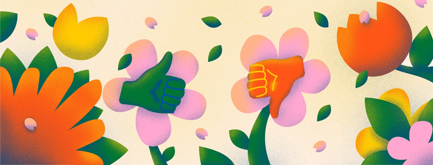 Flowers blooming, one with a thumbs up in it and one with a thumbs down in it