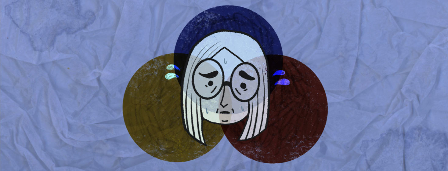 A worried adult female face is shown in front of a venn diagram, Comorbidities.