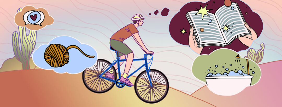 A person riding a bike against a colorful sky. Thought bubbles floating above them contain images of a bubble bath, a book, a ball of yarn, and a speech bubble venn diagram with a heart at the intersection.