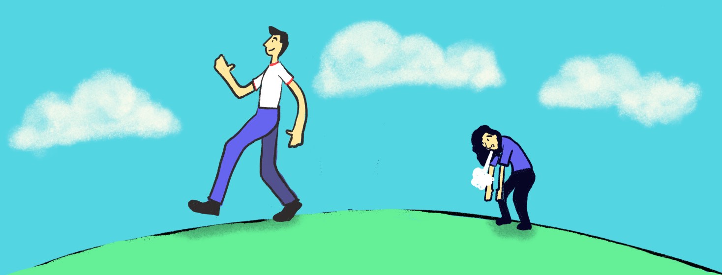 A man easily walking up and over the top of a hill as a woman lags behind him, hunched over and out of breath.