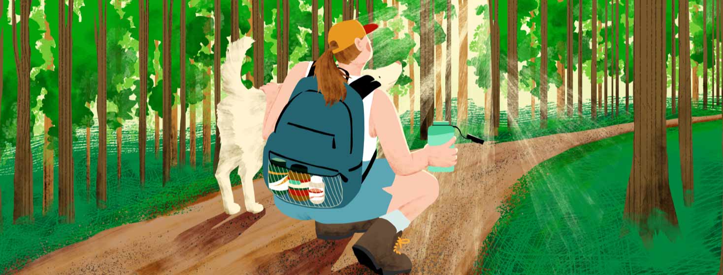 A woman crouches down on a nature path with one hand holding an open water bottle and the other on a dog. She is looking up at the sun that is coming through the trees around her. She is wearing a backpack with one pocket filled with bottles of supplements. hiking, peaceful, stress-relief, dog, puppy, enjoy, summer, walking adult female