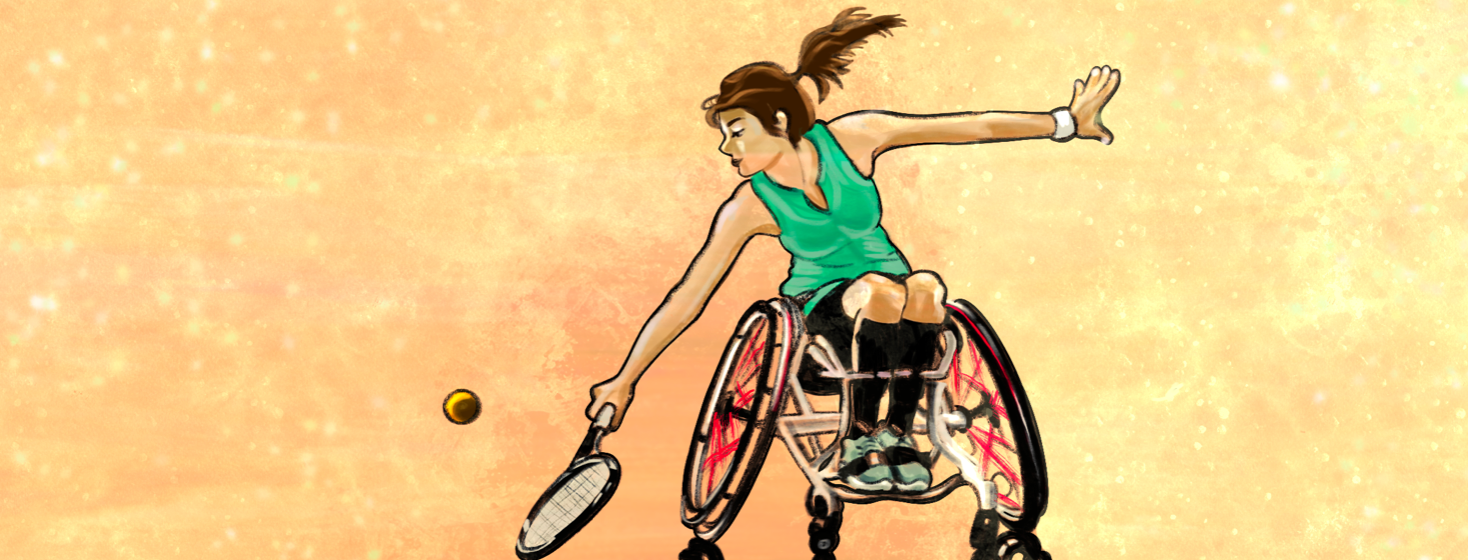 A woman in a wheelchair plays tennis