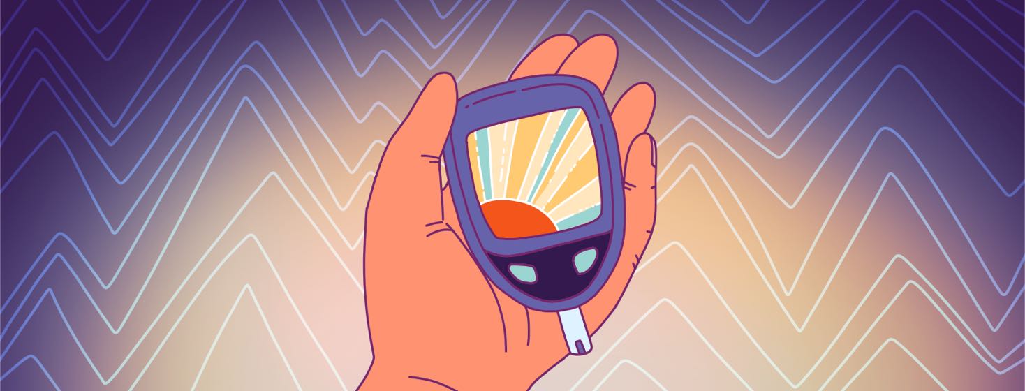 A hand holds a blood glucose meter, with a sunrise showing on the small screen.