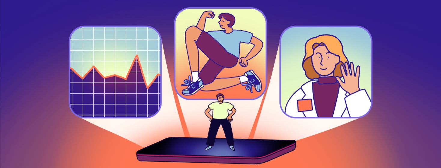 A person stands on a phone, as three apps showing a blood glucose chart, a person exercising, and a doctor on videocall float above them.