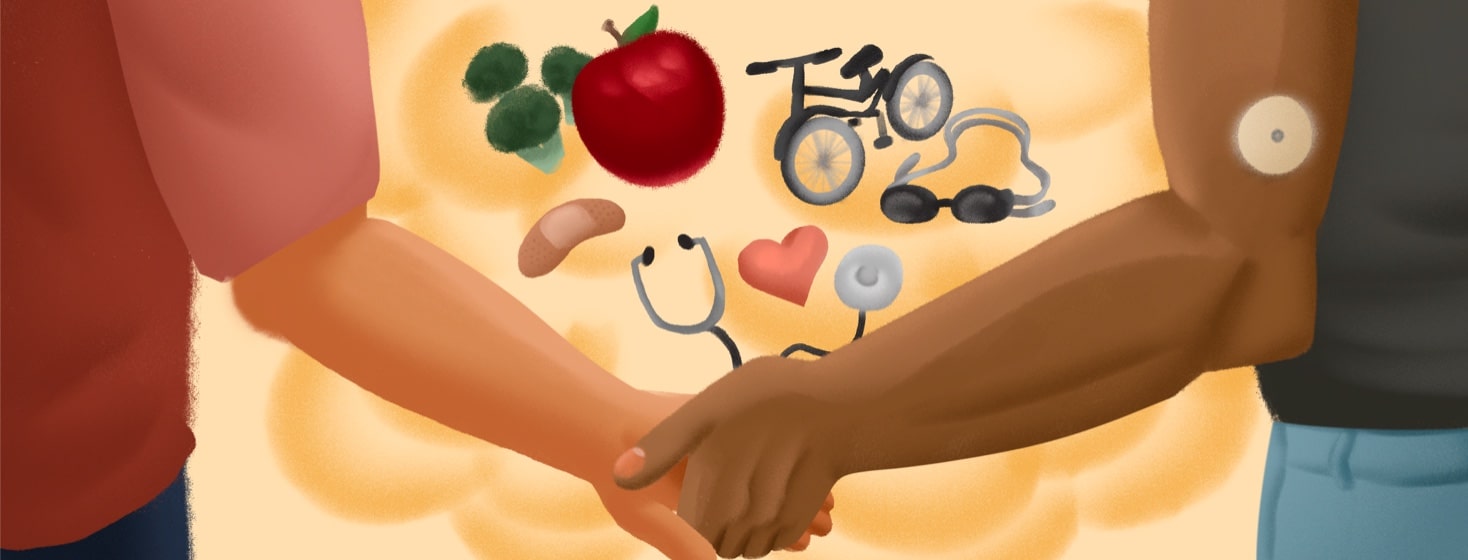 Two individuals are holding hands, one of them has a glucose monitor on their arm. In-between their hands is a cloud filled with healthy foods, exercises, and ideas for someone living with type 2 diabetes. POC, friendship, vegetable, fruit, bicycle, swimming, goggles, support, doctor, health
