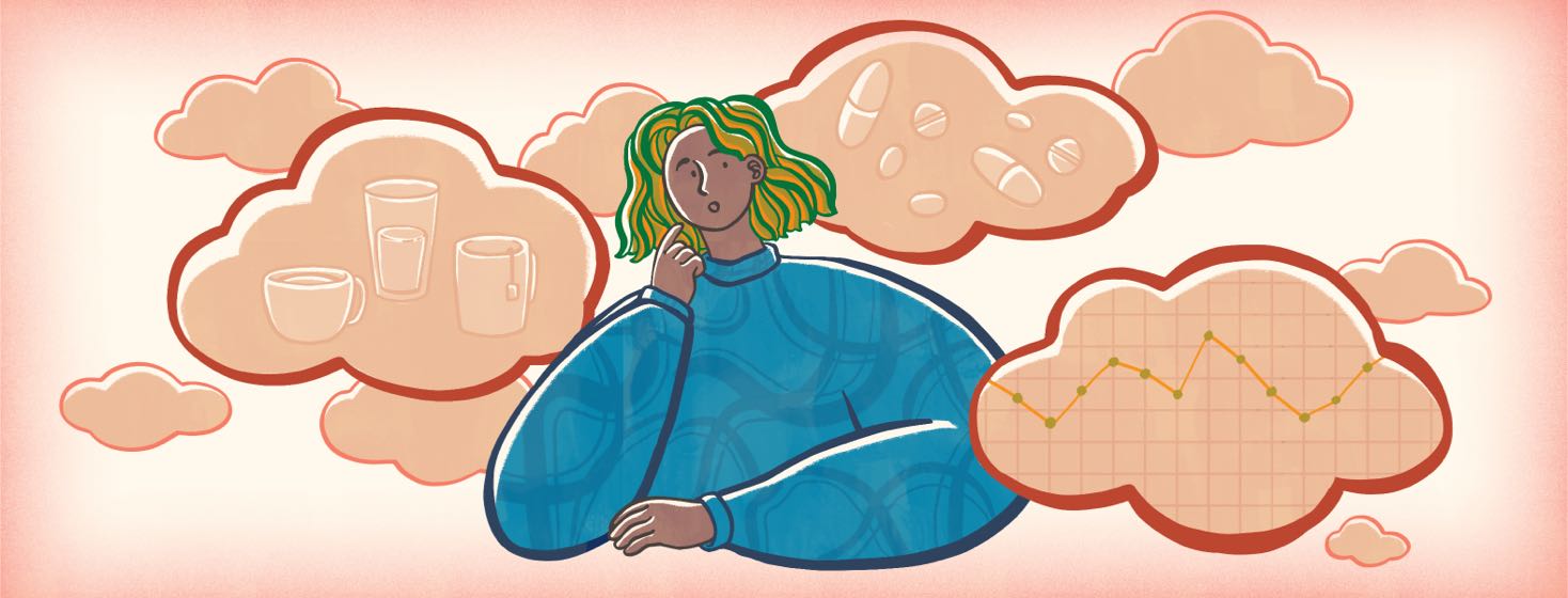 A woman with a thoughtful expression surrounded by thought bubbles containing different sugary and non-sugary drinks, medication, and a blood glucose chart.