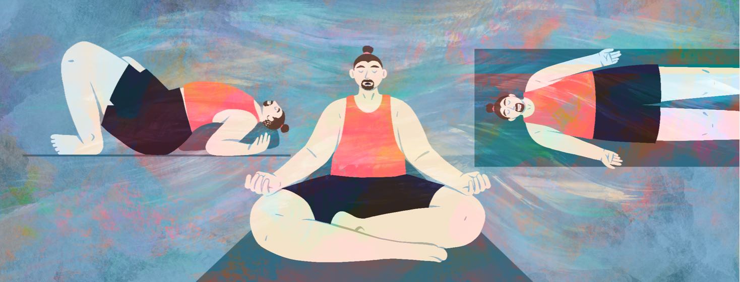 A man sits and lies on the floor in three different gentle yoga positions