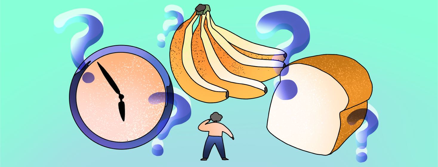 A person looks at a large clock, bananas, and bread, surrounded by question marks.