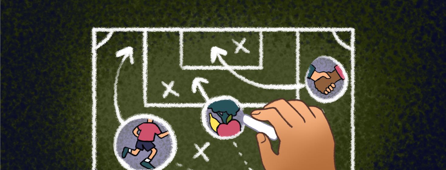 A man's hand holds a piece of chalk and draws circles around symbols of healthy habits on a playbook diagram.