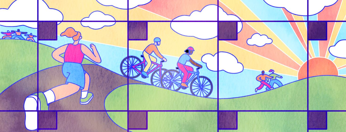 Inside the pages of a calendar, people run, bike, do yoga, and walk in a sunny park.