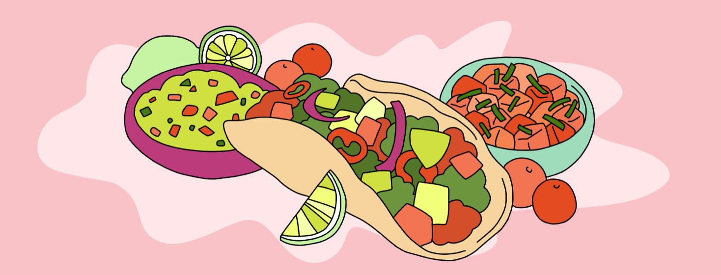 A dish of guacamole, a vegetable and meat taco, and a dish of salsa.