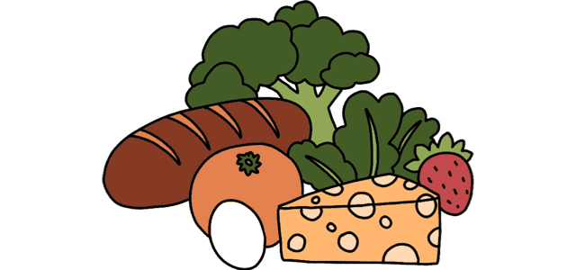 Bread, broccoli, orange, leafy greens, egg, cheese, strawberry.